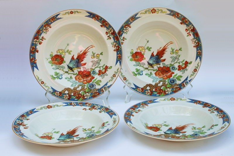 photo of Bird of Paradise antique Wood & Sons china large soup bowls, 1917 patent date vintage chinoiserie  #1