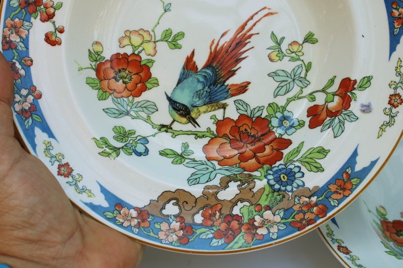 photo of Bird of Paradise antique Wood & Sons china large soup bowls, 1917 patent date vintage chinoiserie  #2