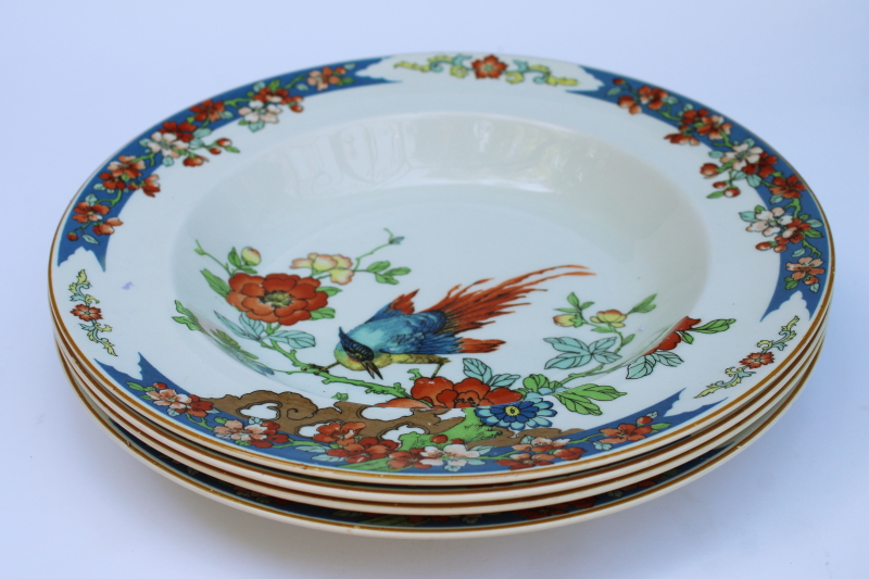 photo of Bird of Paradise antique Wood & Sons china large soup bowls, 1917 patent date vintage chinoiserie  #8