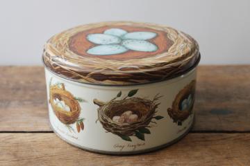 catalog photo of Birds nests print vintage Dept 56 round metal tin, antique style artwork natural history 