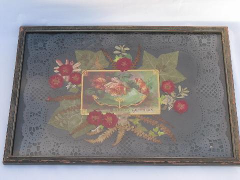 photo of Birthday Greetings, framed antique postcard set on paper lace & pressed flowers #1