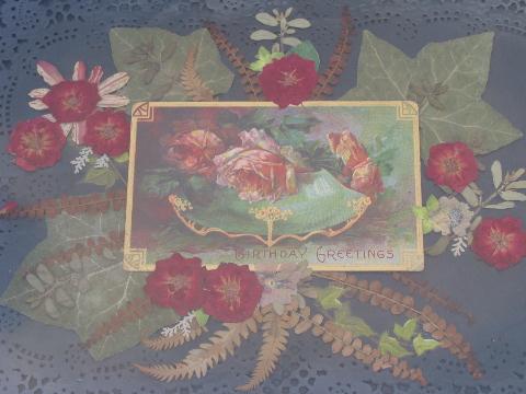 photo of Birthday Greetings, framed antique postcard set on paper lace & pressed flowers #2