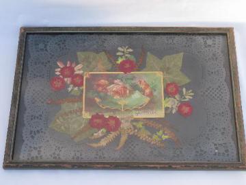 catalog photo of Birthday Greetings, framed antique postcard set on paper lace & pressed flowers