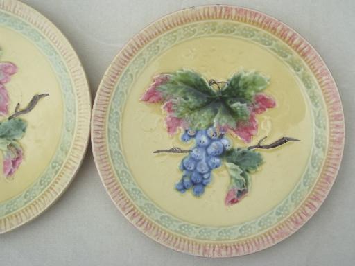 photo of Black Forest art pottery plates, shabby vintage majolica plates w/ grapes #3