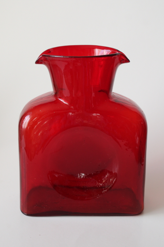 photo of Blenko 384 water bottle carafe orange cadmium glow red color, MCM vintage glassware  #1