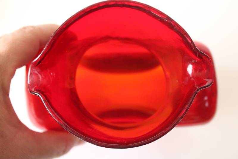 photo of Blenko 384 water bottle carafe orange cadmium glow red color, MCM vintage glassware #3