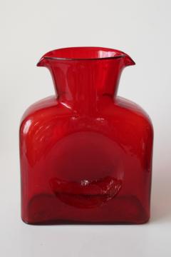 catalog photo of Blenko 384 water bottle carafe orange cadmium glow red color, MCM vintage glassware 