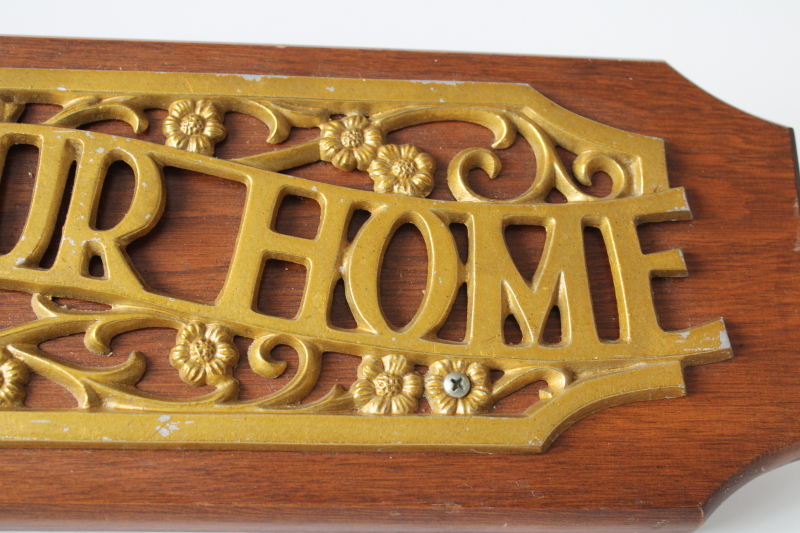 photo of Bless This Home vintage cast metal sign on oak wood board, 1980s vintage wall art house blessing  #2