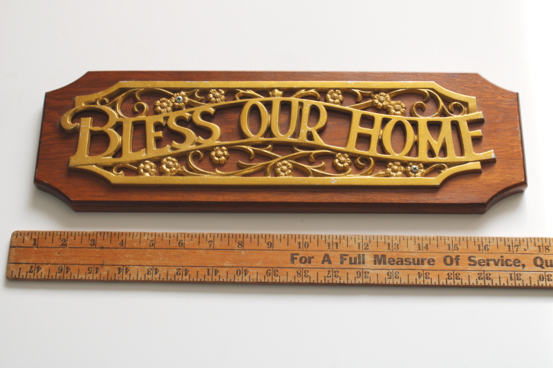 photo of Bless This Home vintage cast metal sign on oak wood board, 1980s vintage wall art house blessing  #6