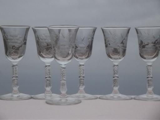 photo of Blossoms Libbey Rock Sharpe cordial glasses, tiny vintage wine goblets #1