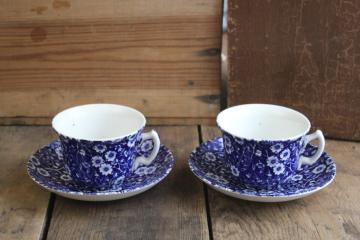 catalog photo of Blue Calico Staffordshire vintage blue white chintz china tea cups saucers