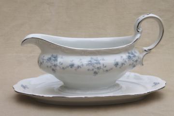 catalog photo of Blue Garland china gravy boat w/ attached under plate, vintage Bavaria mark Johann Haviland