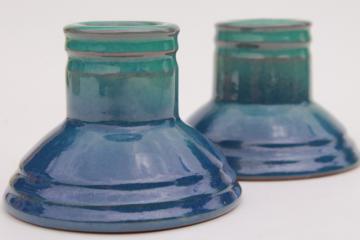 catalog photo of Blue Hill Maine Rackliffe Rowantree pottery pair low candle sticks, blue ombre color glaze