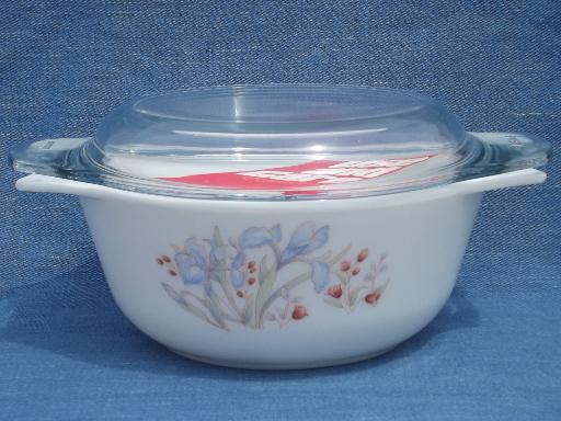 photo of Blue Iris print Pyrex casserole dish, 80s vintage England, never used #1