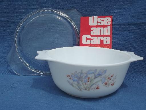 photo of Blue Iris print Pyrex casserole dish, 80s vintage England, never used #2