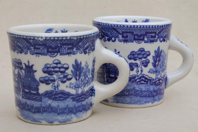 photo of Blue Willow pattern coffee mugs, vintage Japan blue & white china ceramic cups #1