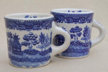 catalog photo of Blue Willow pattern coffee mugs, vintage Japan blue & white china ceramic cups