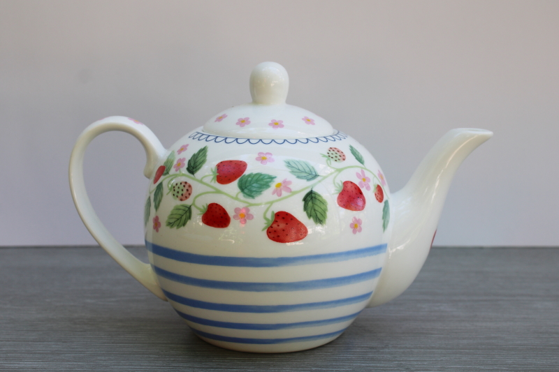 photo of Bluebird & Willow china teapot, blue stripes red strawberries English cottage style  #1