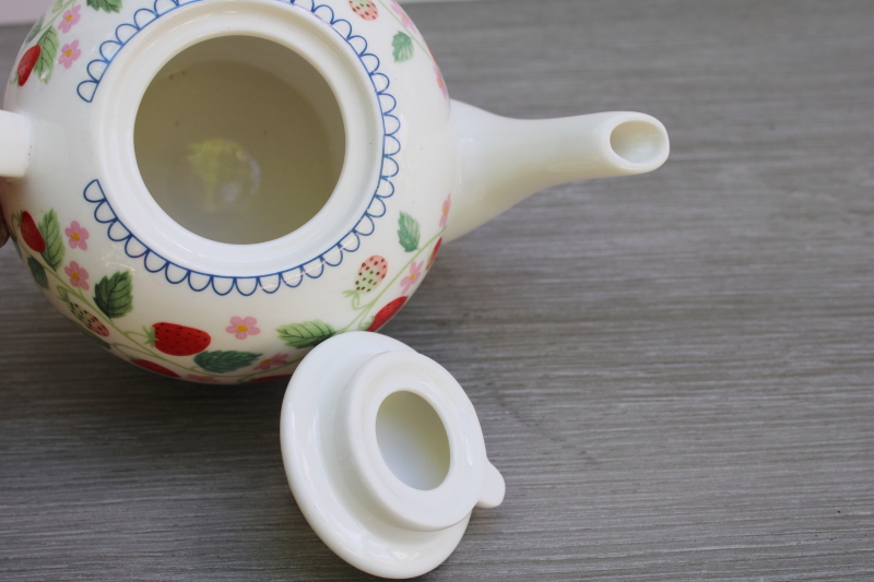 photo of Bluebird & Willow china teapot, blue stripes red strawberries English cottage style  #2