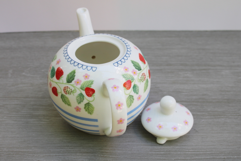photo of Bluebird & Willow china teapot, blue stripes red strawberries English cottage style  #3