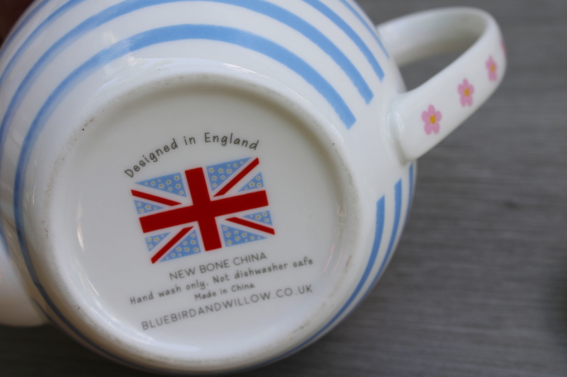 photo of Bluebird & Willow china teapot, blue stripes red strawberries English cottage style  #4