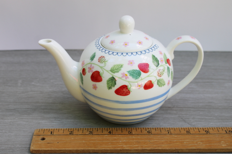 photo of Bluebird & Willow china teapot, blue stripes red strawberries English cottage style  #5