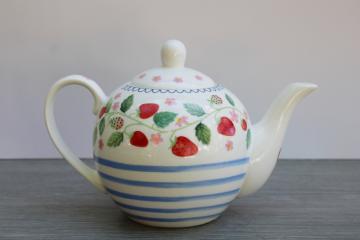 catalog photo of Bluebird & Willow china teapot, blue stripes red strawberries English cottage style 