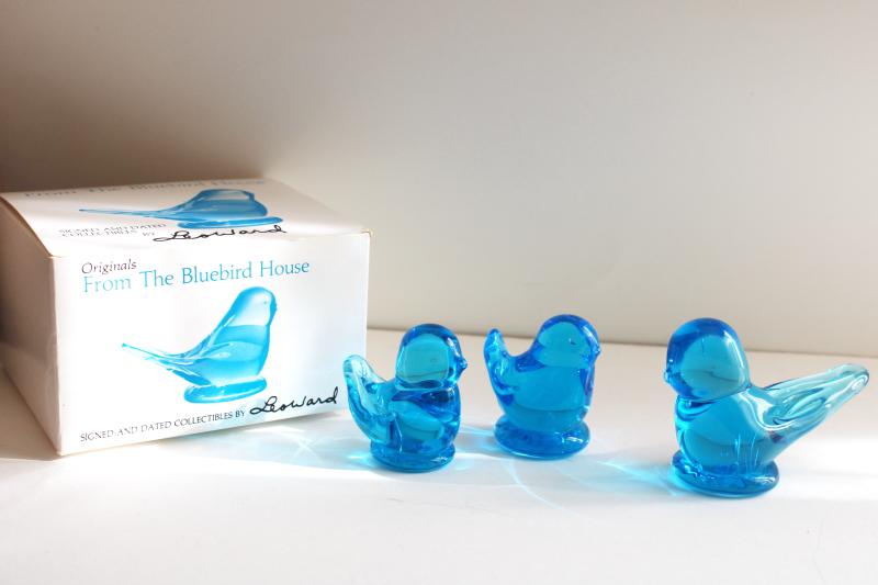 photo of Bluebirds of Happiness family, vintage glass blue bird figurines lot, Leo Ward Ron Ray #1