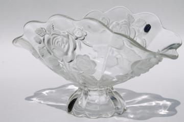 catalog photo of Bohemia Glass frosted crystal rose pattern fan shape bowl, fruit or banana stand