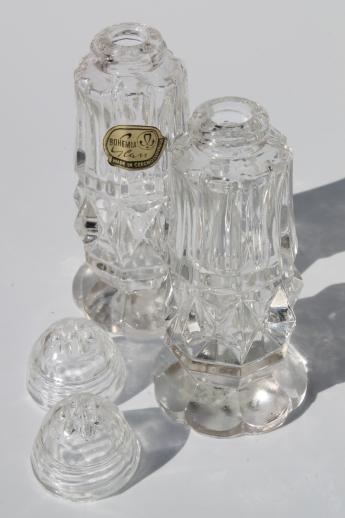 photo of Bohemia crystal salt & pepper shakers w/       clear glass shaker lids, vintage S&P sets #6