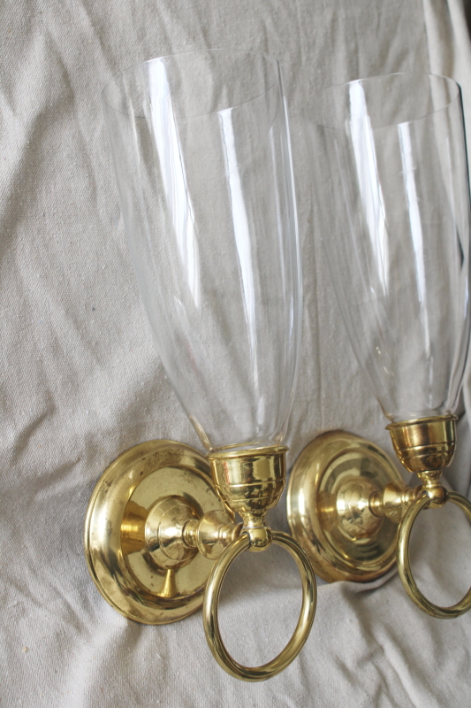 photo of Bombay Company brass ring wall sconces, vintage candle holders w/ glass hurricane chimney shades  #6