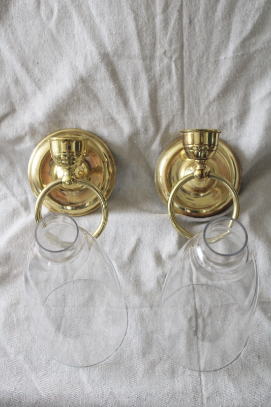 photo of Bombay Company brass ring wall sconces, vintage candle holders w/ glass hurricane chimney shades  #7