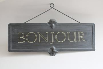 catalog photo of Bonjour modern metal sign, chalkboard finish tin vintage style French country 