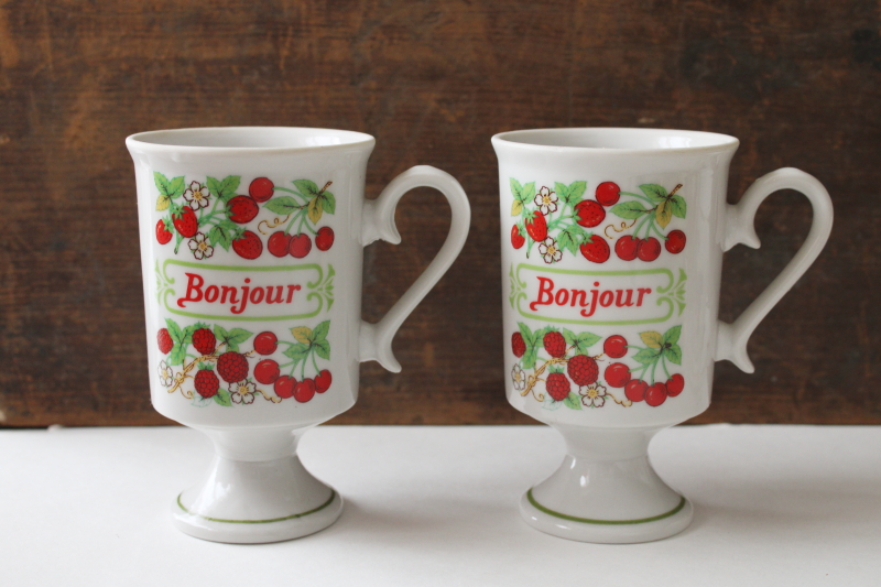 photo of Bonjour vintage ceramic mugs w/ cherries & berries strawberries print, country cottage kitchen  #1