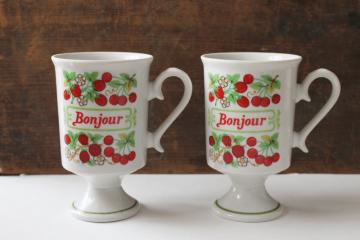 Bonjour vintage ceramic mugs w/ cherries & berries strawberries print, country cottage kitchen 