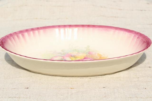 photo of Bonn Germany antique luster iridescent china, large oval bowl w/ pansies #5