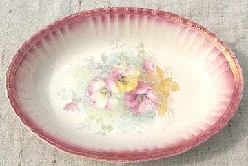 catalog photo of Bonn Germany antique luster iridescent china, large oval bowl w/ pansies