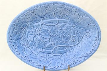 catalog photo of Bordallo Pinheiro Portugal pottery, blue glaze embossed vines grape leaves platter