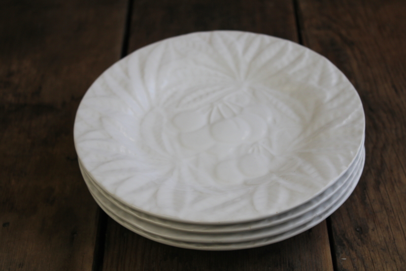 photo of Bordallo Pinheiro all white pottery plates majolica fruit pattern, cherries salad plates #1