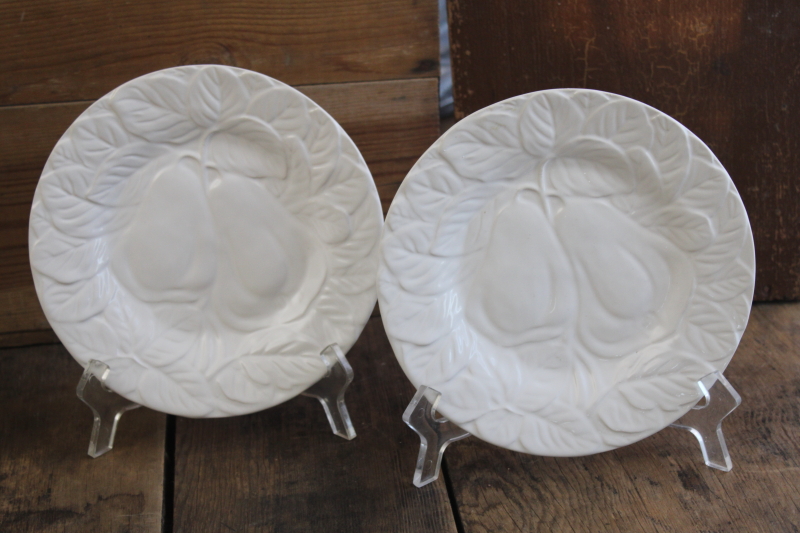 photo of Bordallo Pinheiro all white pottery plates majolica fruit pattern, pears salad plates #1