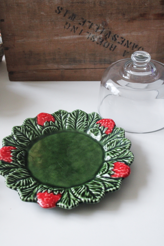 photo of Bordallo Pinheiro style strawberry pattern plate w/ glass dome, Sur le Table made in Portugal  #1