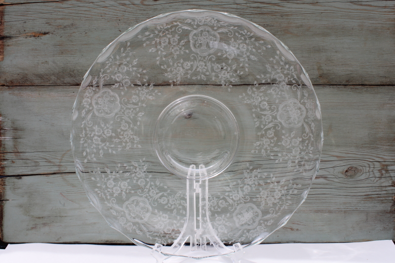photo of Bridal Bouquet etched glass wedding cake plate, mid-century vintage elegant glass #1