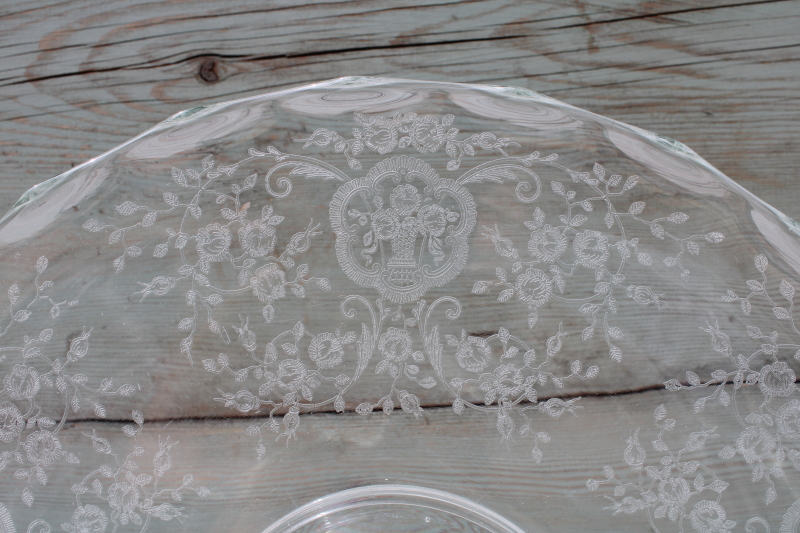 photo of Bridal Bouquet etched glass wedding cake plate, mid-century vintage elegant glass #2