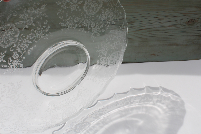 photo of Bridal Bouquet etched glass wedding cake plate, mid-century vintage elegant glass #4