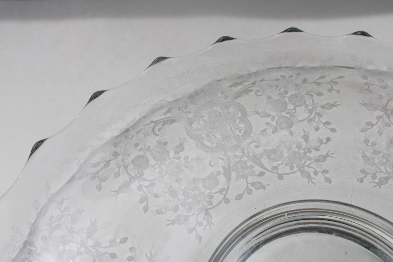 photo of Bridal Bouquet etched glass wedding cake plate, mid-century vintage elegant glass #6
