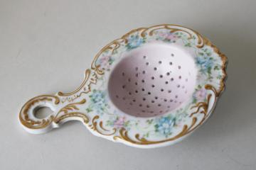 catalog photo of Bridgerton style tea table decor, fancy vintage hand painted china tea strainer 
