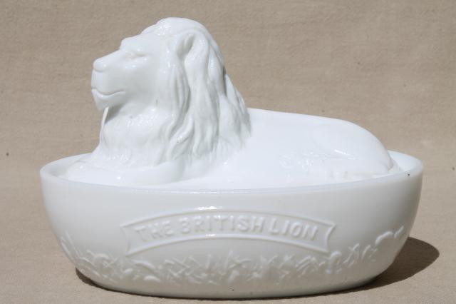 photo of British Lion antique vintage milk glass covered dish animal on nest oval bowl #1