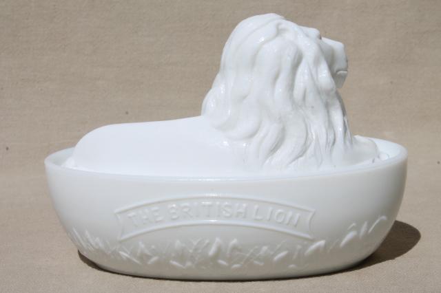 photo of British Lion antique vintage milk glass covered dish animal on nest oval bowl #5