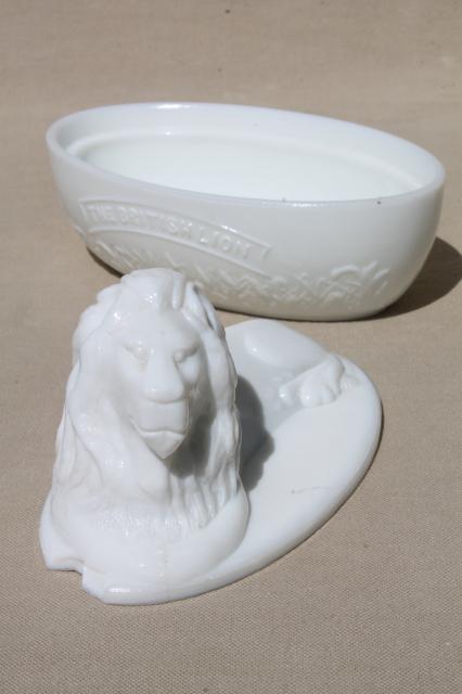 photo of British Lion antique vintage milk glass covered dish animal on nest oval bowl #7