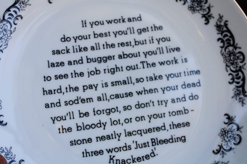 photo of British humor working life complaint Bleeding Knackered wall hanging words to live by motto #4